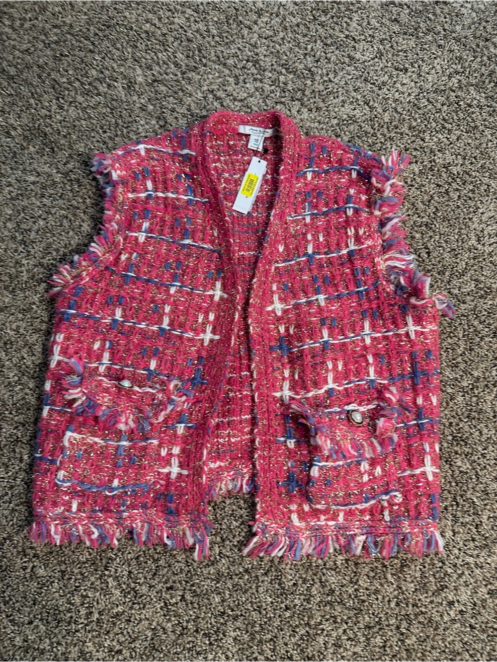 Anna & Ava Pink Tweed Fringe Vest with Multicolor Accents